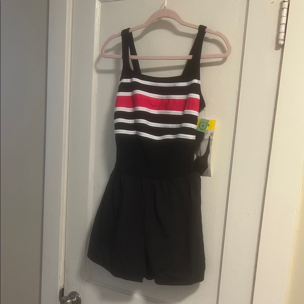 Vintage Longitude Black swim Romper with Color Block